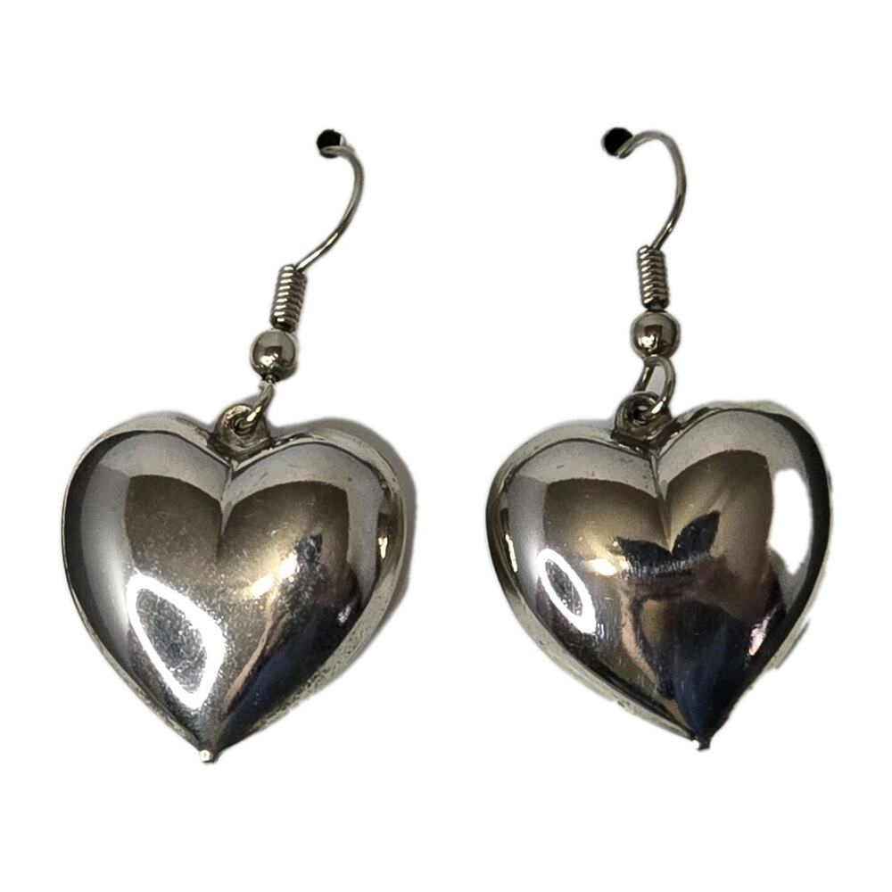 Vintage Puffy Heart Dangle Earrings Silver Tone 80s 90s Costume Jewelry